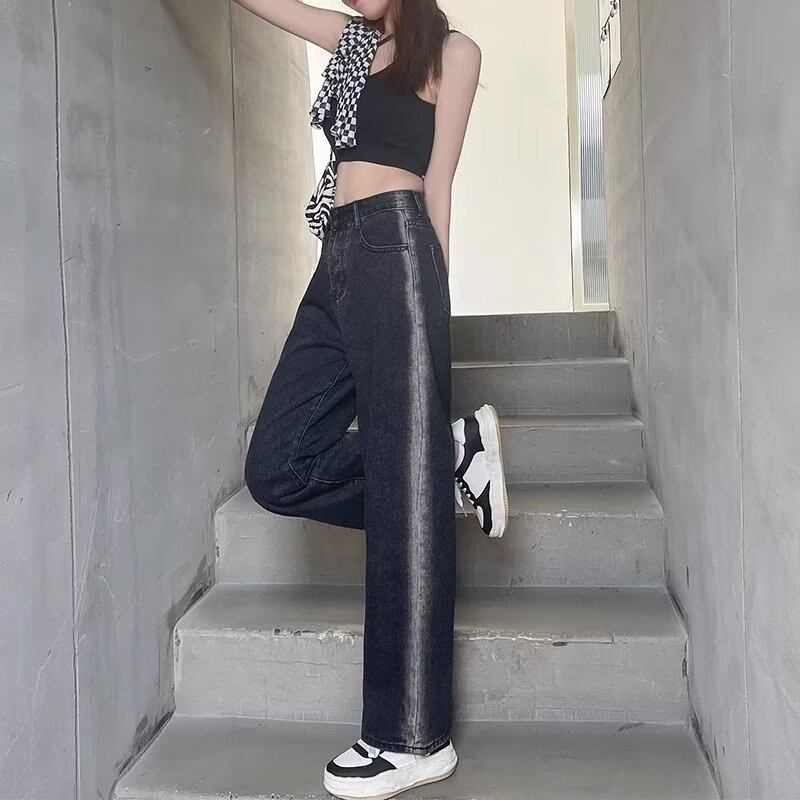 Gradient Black Grey Jeans Women 2024 New Summer High Waist Design Niche Loose Wide Leg Pants