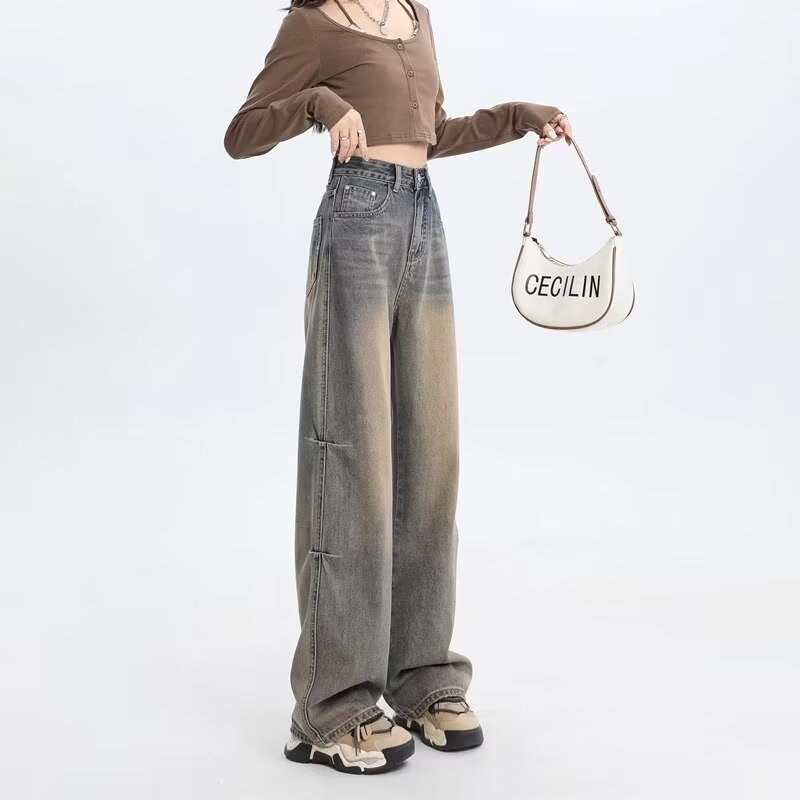 American Style Retro Wide Leg Jeans Women's Summer 2024 New High Waist Loose Dosing Fashionable Straight Trendy Trailing Pants