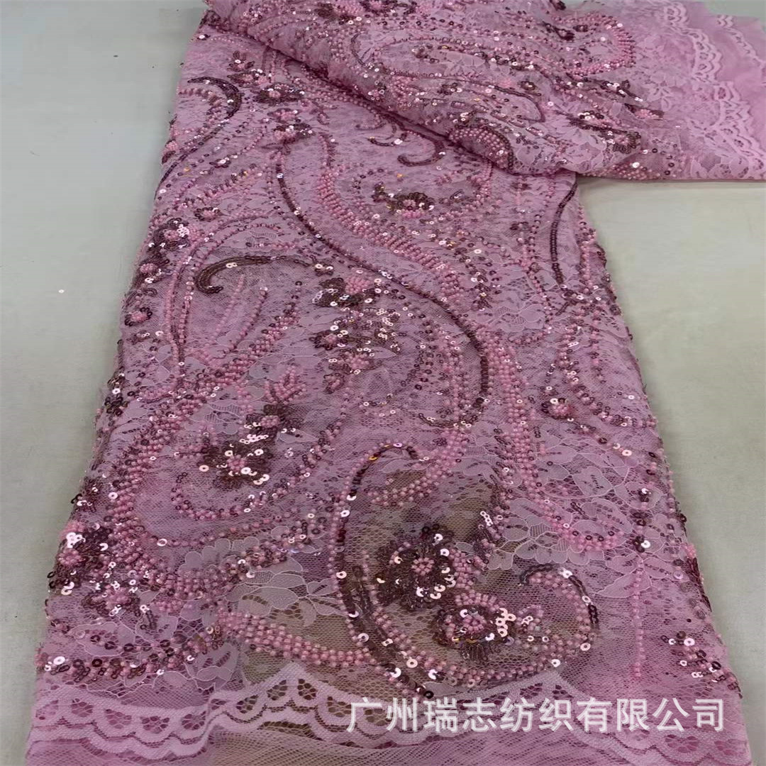 Soft Lace Bottom Bead Tube Embroidered Cloth European and American Style Party Dress Bride Wedding Dress Sequins Fashion Show Fabric LACE