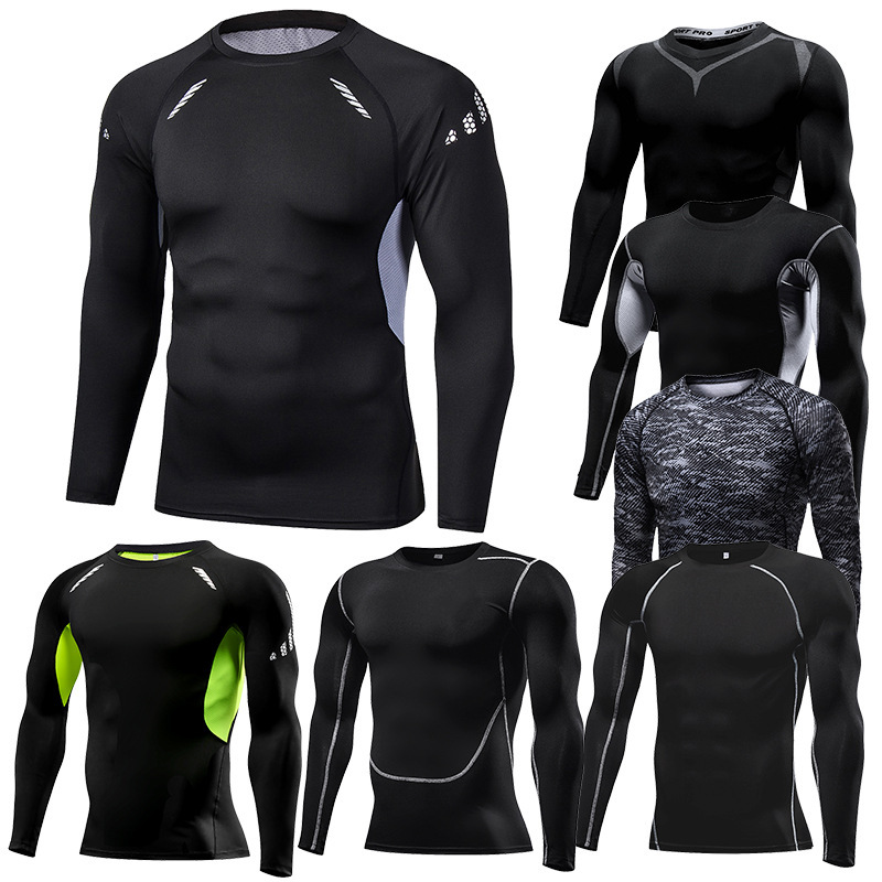 in stock men's fitness long sleeve sports tight sports tight T-shirt compression quick-drying running white in stock