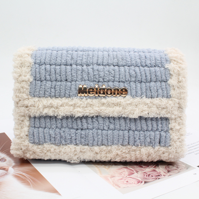 Hand-woven coarse wool mesh bag material bag women's homemade one-shoulder diagonal bag chenille ice bar bag