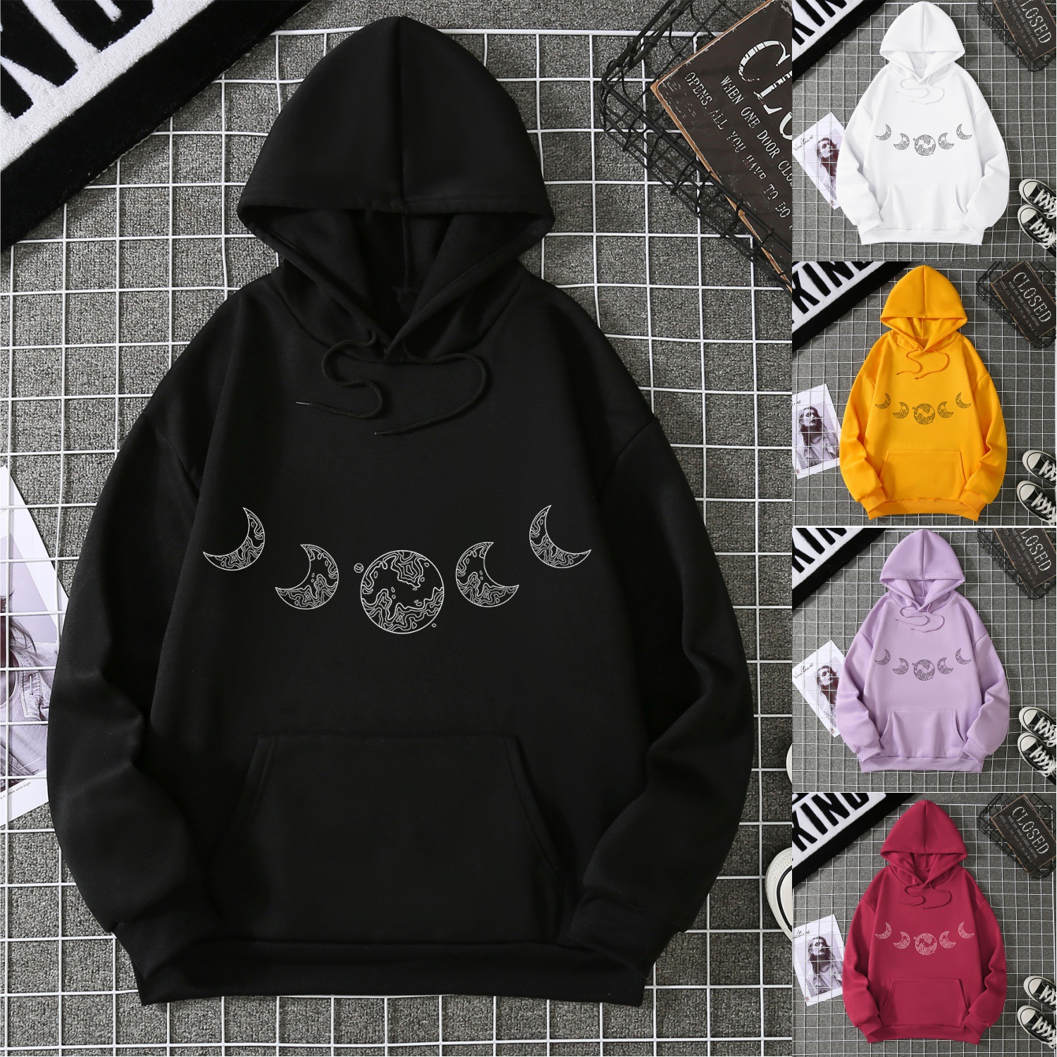 Mingxin supply chain real shot Amazon hot casual versatile loose hooded moon sweatshirt plush jacket women's clothing
