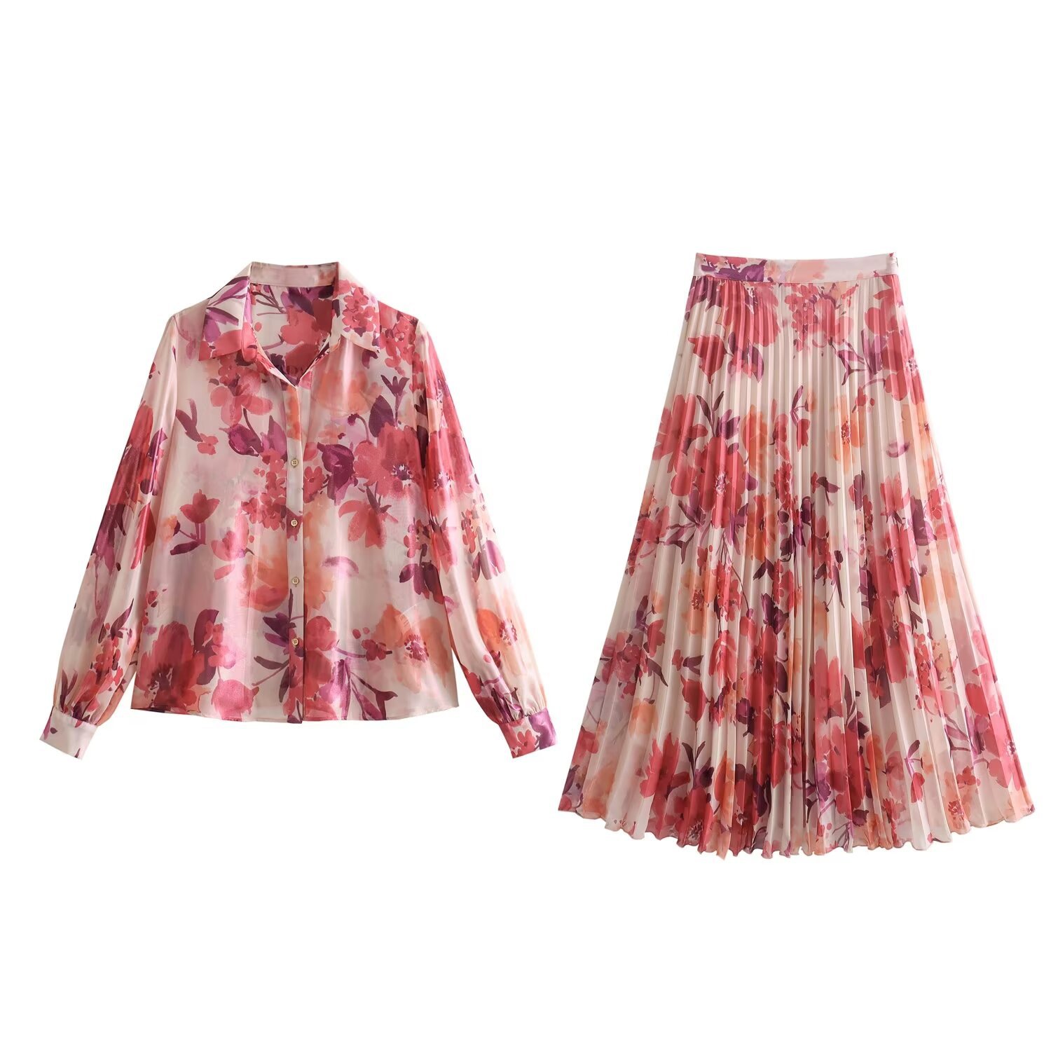 2024 Spring Casual Style New European and American Drape Printed Women's Printed Shirt + A-Line Pleated Skirt