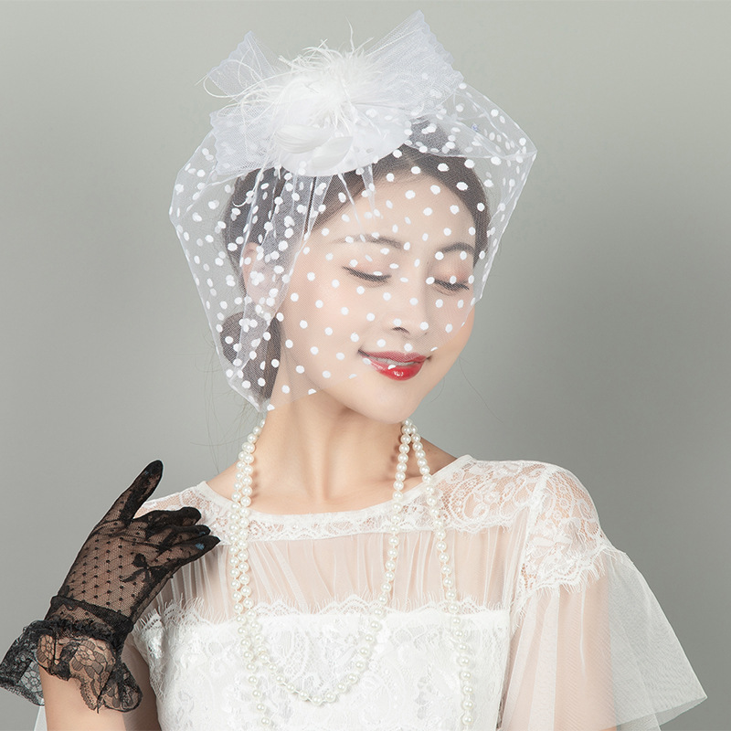 Picture of Retro dance party cheongsam dress accessories mesh hat gloves suit european and american socialite feather face covering hair accessories suit