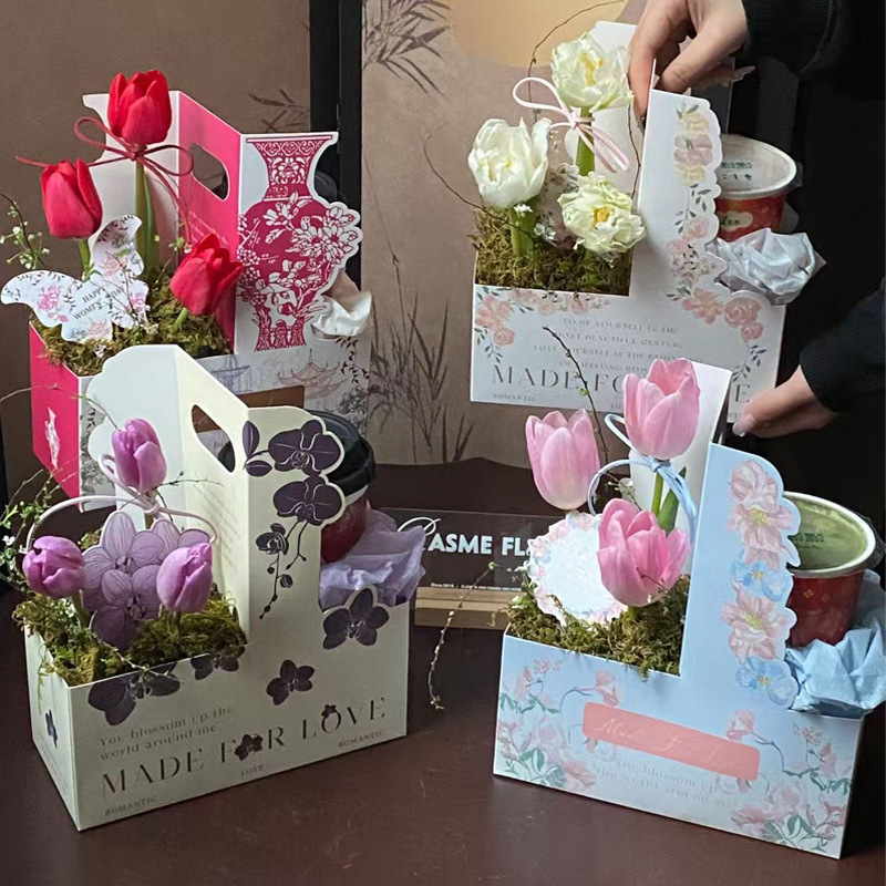 Coffee portable flower box milk tea floral gift box packing box flower bag bouquet packaging material flower box