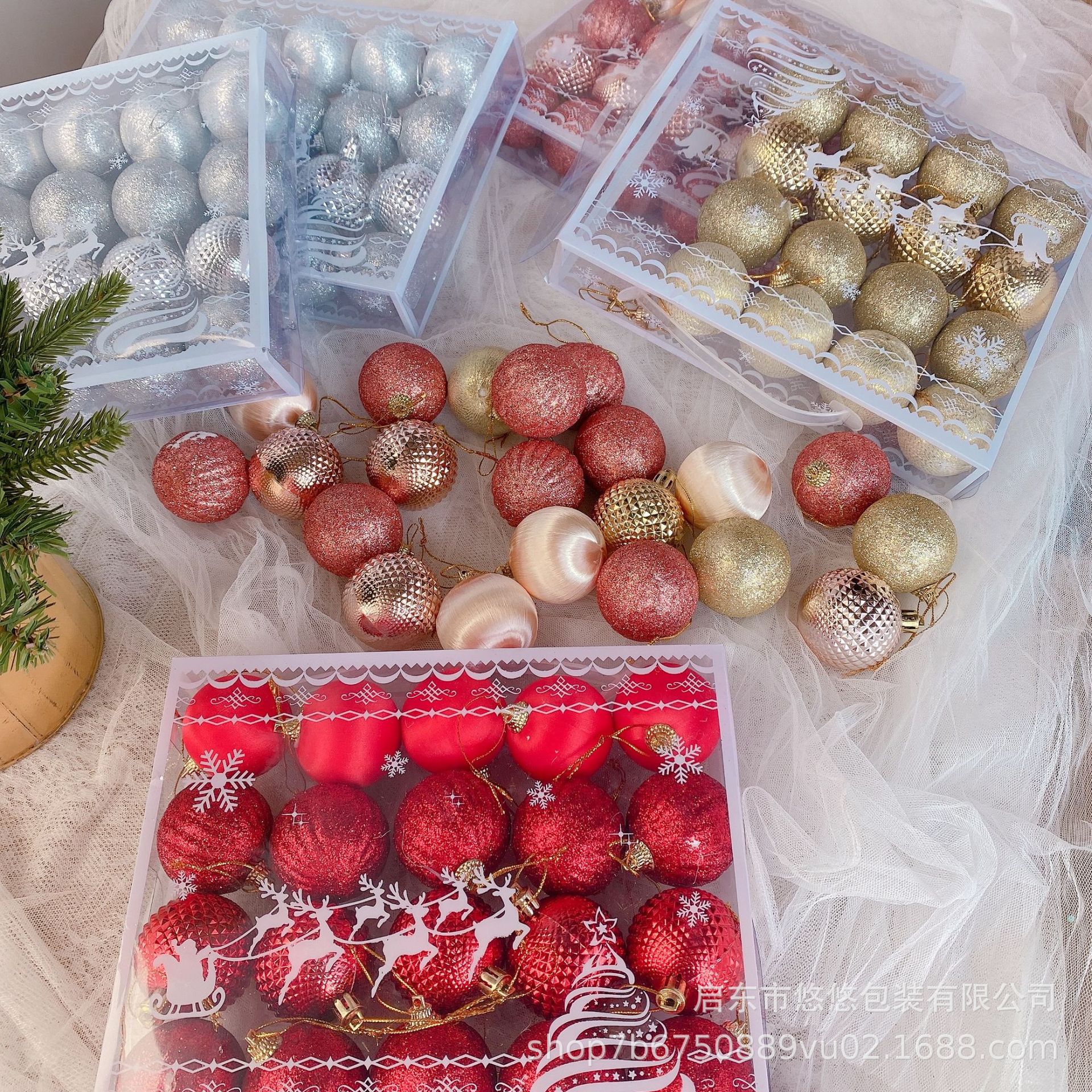 Cross-border E-style 5cm Christmas decorative ball ornaments pink acrylic scene layout gift box props holiday supplies