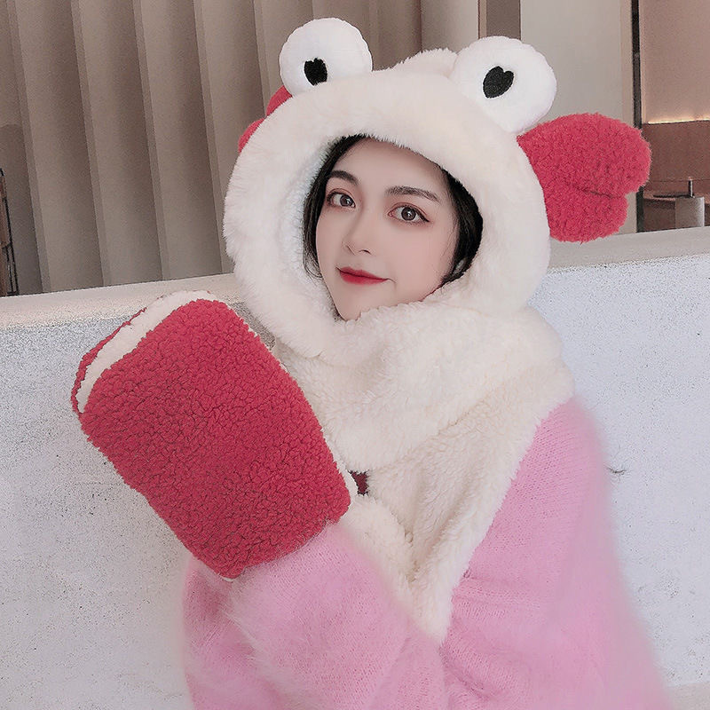 Picture of Children's winter hat scarf all-in-one Boys and Girls baby cute dinosaur warm plush padded gloves three-piece set