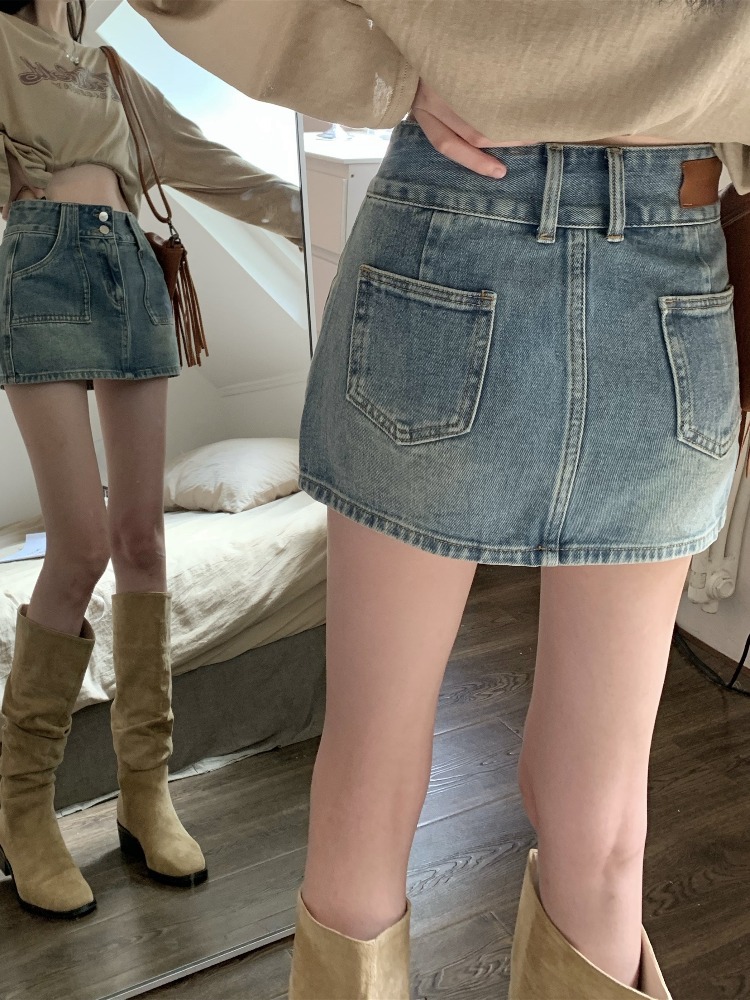 Hot Girl Vintage Denim Skirt Skirt Skirt Women's Summer Large Size A- Line Skirt High Waist Short Hip Skirt