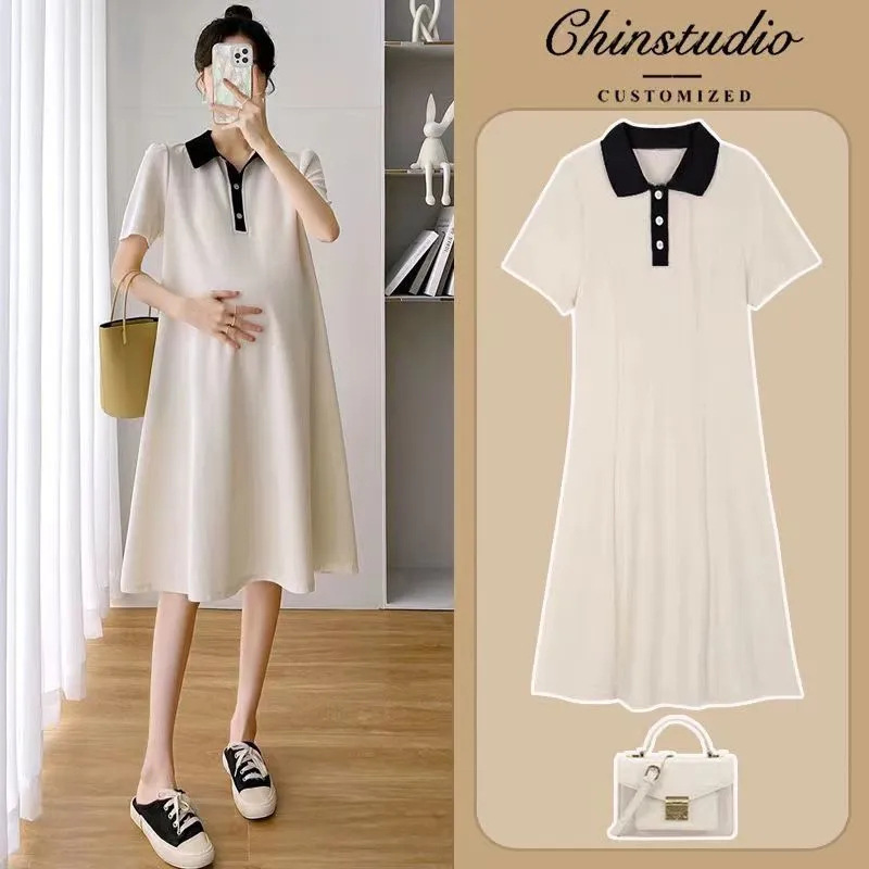 Maternity Dress for Spring and Summer, Trendy Internet Celebrity Style, Fashionable Long Dress for Pregnant Mothers, Stylish Polo Collar T-Shirt Dress