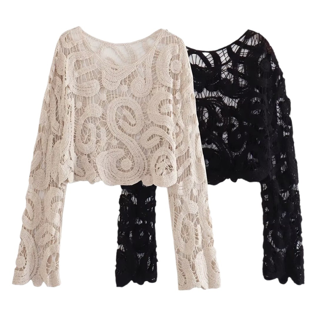 2024 retro crocheted hollow-out large flower simple stacked round neck short loose bell sleeve pullover woven