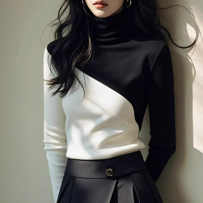 plus size chubby girl Turtleneck Sweater Women's Autumn and Winter New Western-style Design Sweater Slim-fit Color Matching Base Shirt