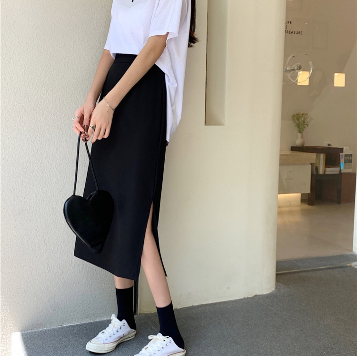 Picture of 2023 Summer A- shaped High Waist Skirt Women's One-step Split Hip Cover Slimming Mid-length Black Hip Skirt