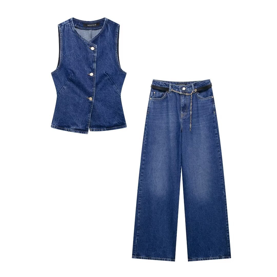 Women's Personalized Commuter Blue Denim Vest + Drapedy Straight Pants 24 Autum New Casual European and American Style