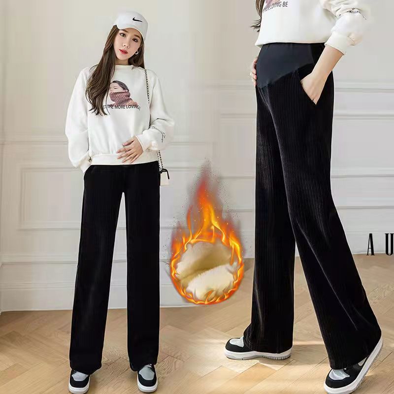 Picture of Autumn and winter pregnant women warm belly pants subnet red plus size outer wear pants fleece-lined loose slim wide leg pants fashion