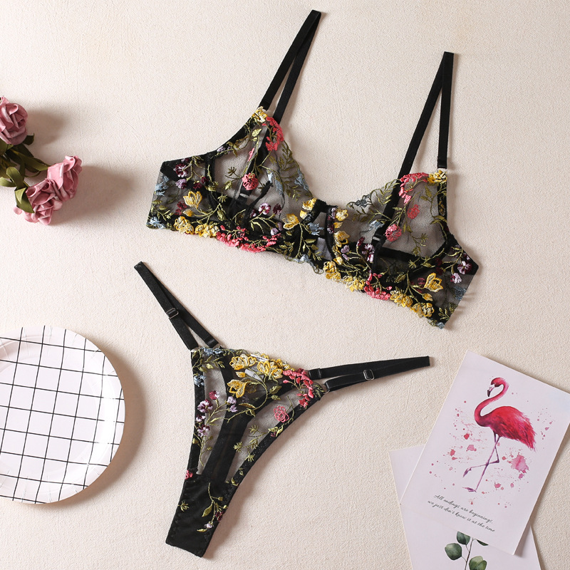 Picture of Sexy small floral single-layer bra with steel ring thong sexy underwear set foreign trade supply factory direct sales