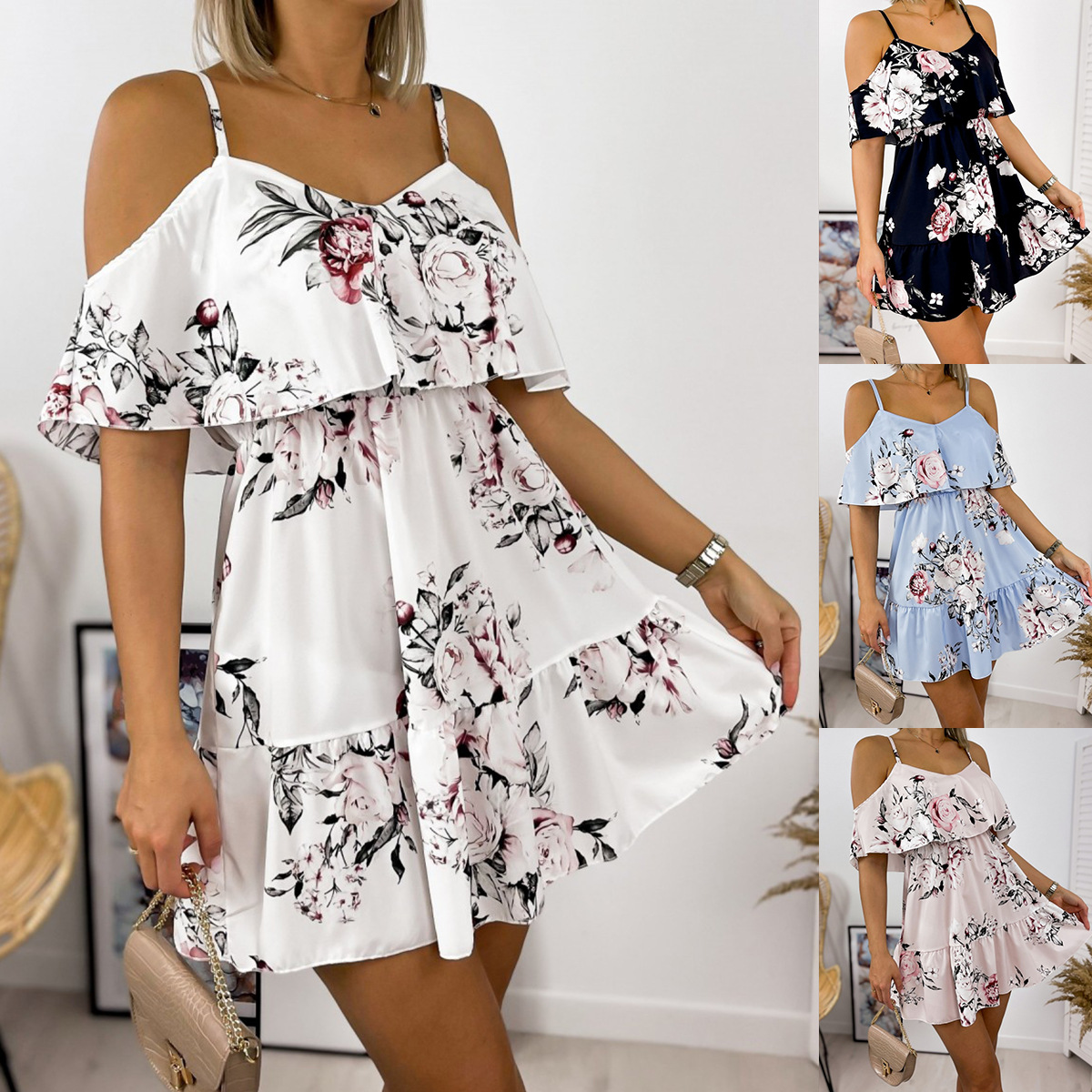 2021 Summer Independent Wish Amazon ebay Printed V-Neck Stitching Shoulder Sling dress