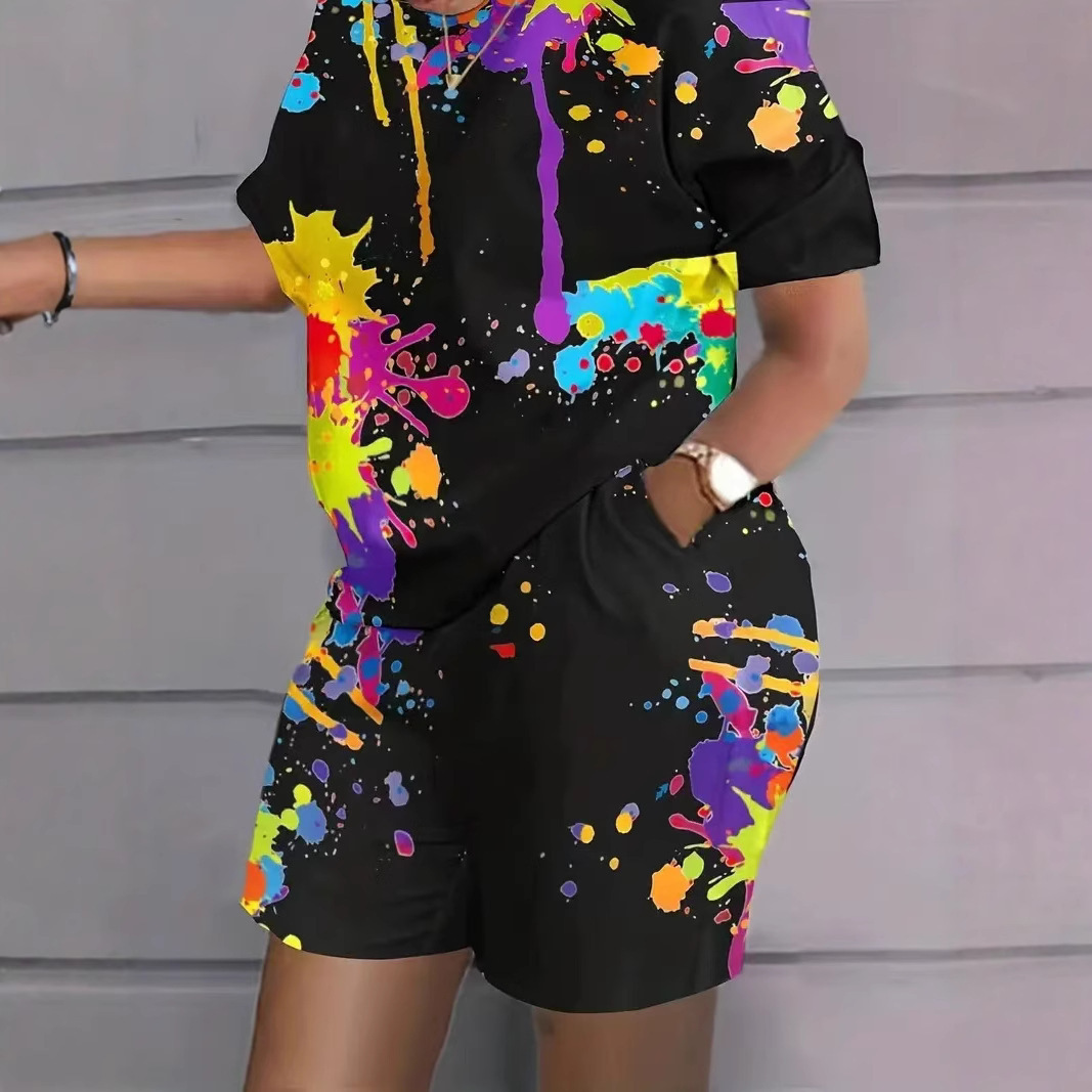 Cross-Border European and American Fashion T-Shirt Shorts Cartoon Print Summer New Street Loose Casual Suit with Flap Pocket Pantss 349
