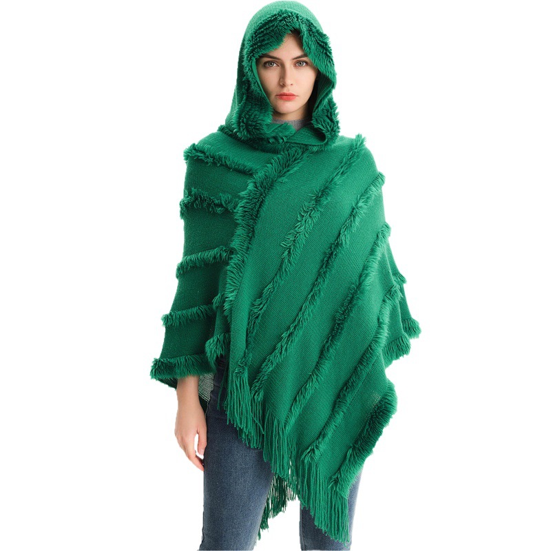 Cross-Border New Foreign Trade Cape European and American Autumn and Winter Shawl Women's Solid Color Hooded Sweater Knitted Pullover Cape Shawl