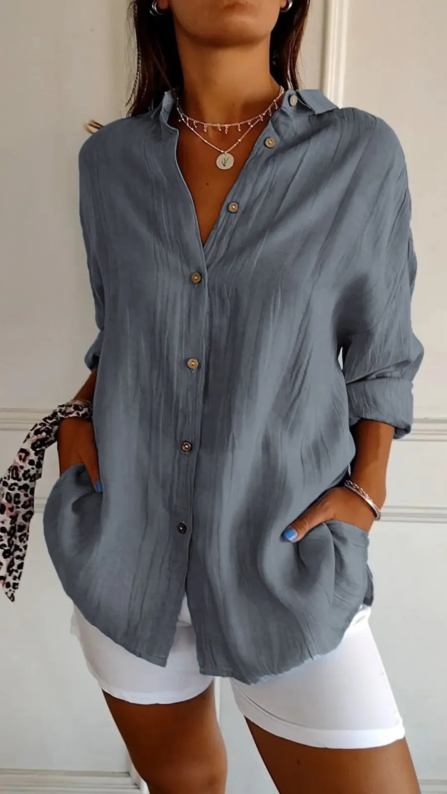 Picture of 2024 New Single-breasted Pleated Lapel Shirt Independent Station Explosions Women's Solid Color European and American Sleeve Top