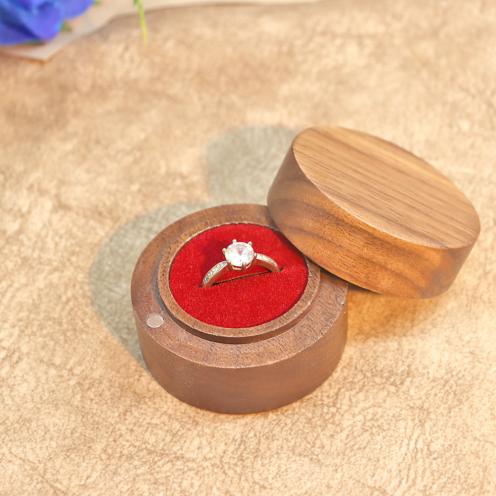 Picture of Jewelry Box Creative Solid Wooden Ring Box Jewelry Storage Box Round Fashion Wooden Black Walnut Gift Box