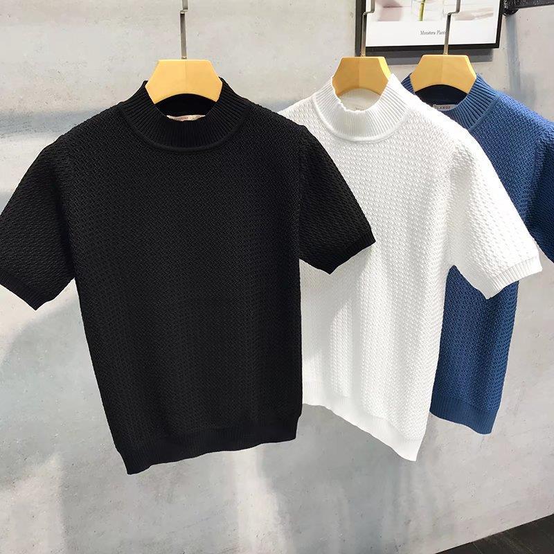 2023 New Korean Style Knitwear Short-Sleeved T-Shirt Knitwear Trbottomy Pure Color Half Turtleneck Inner Bottoming Shirt Men's Half-Sleeved
