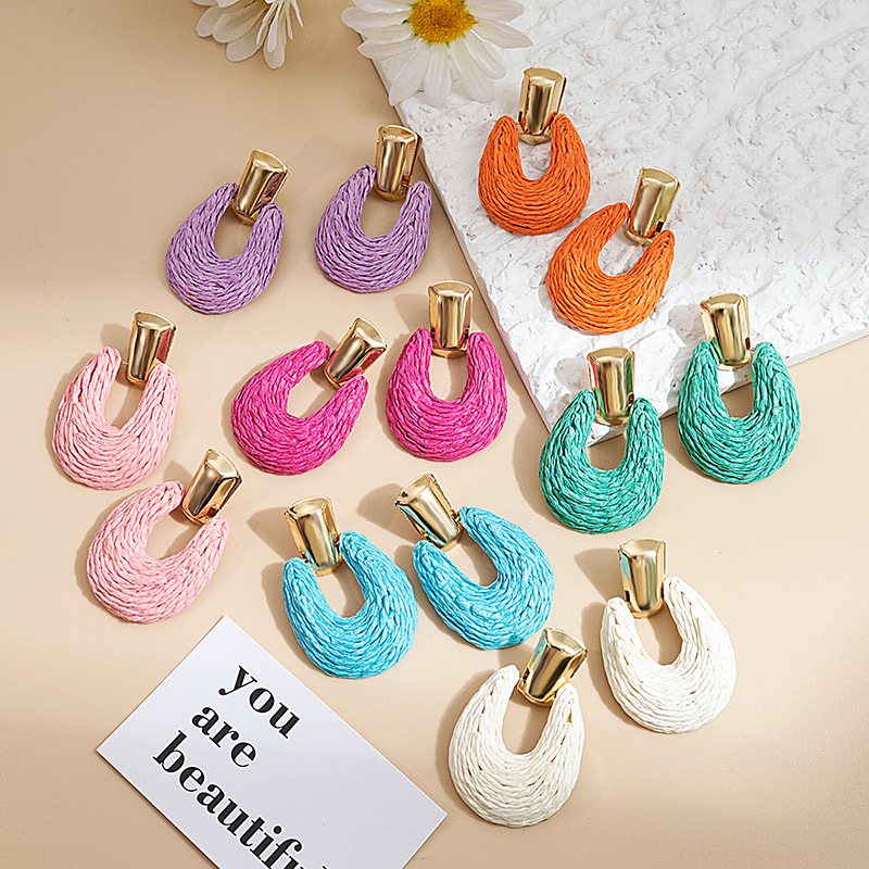 Europe and the United States cross-border color raffia grass earrings geometric hollow round solid color earrings hand-woven holiday earrings
