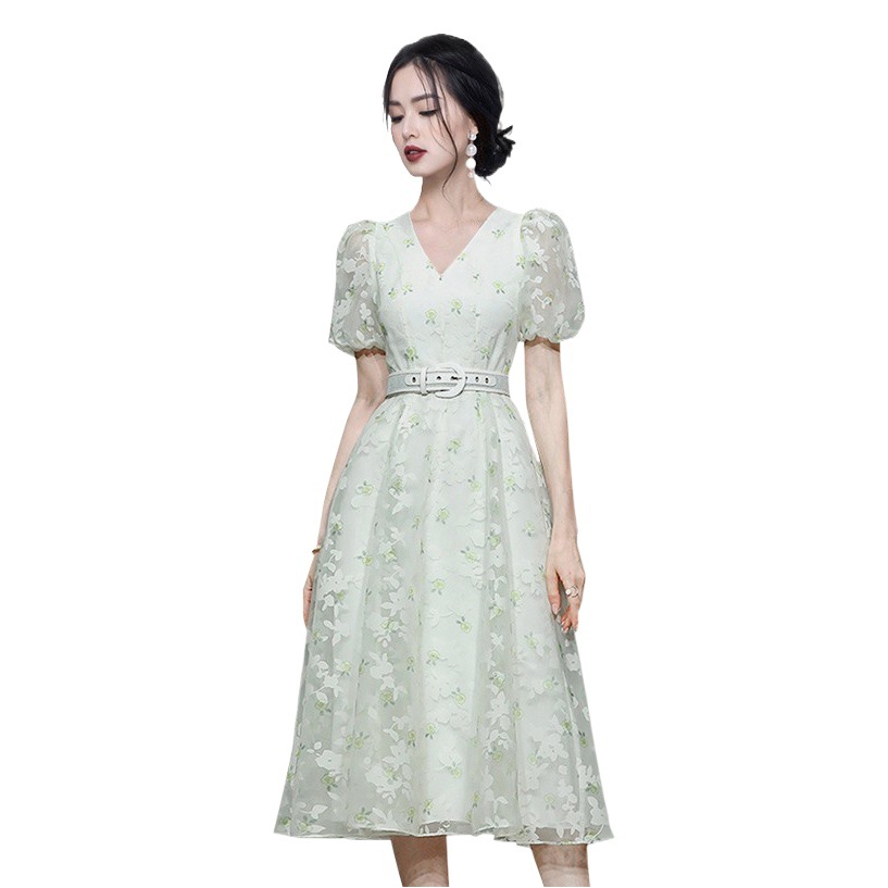 Cross-border 2024 summer New Elegant Lady V-neck bubble lantern sleeve belt tight waist A- line swing temperament dress