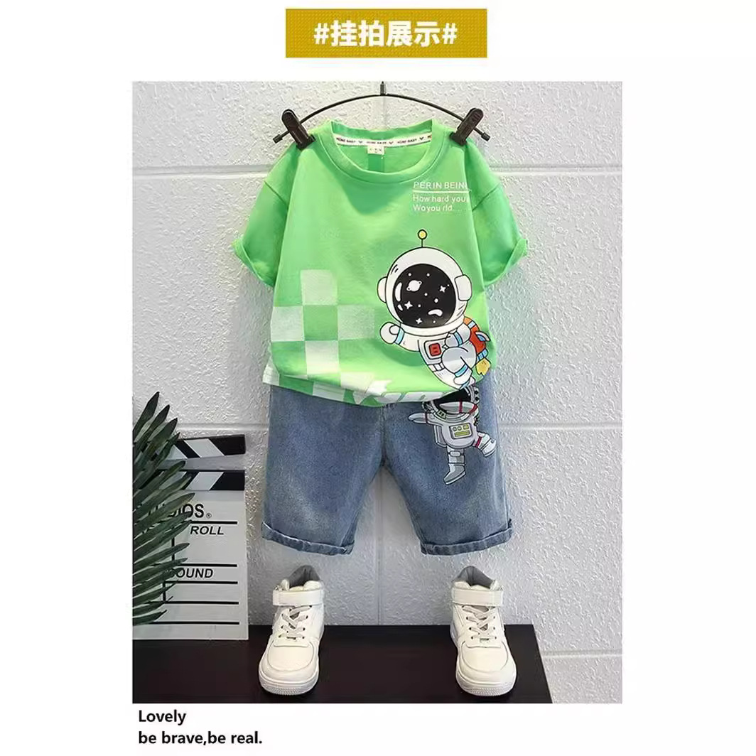Picture of Children's Summer Men's Short-sleeved Shorts Breathable Two-piece Sports Casual Round Neck Slim-fit T-shirt suit Green