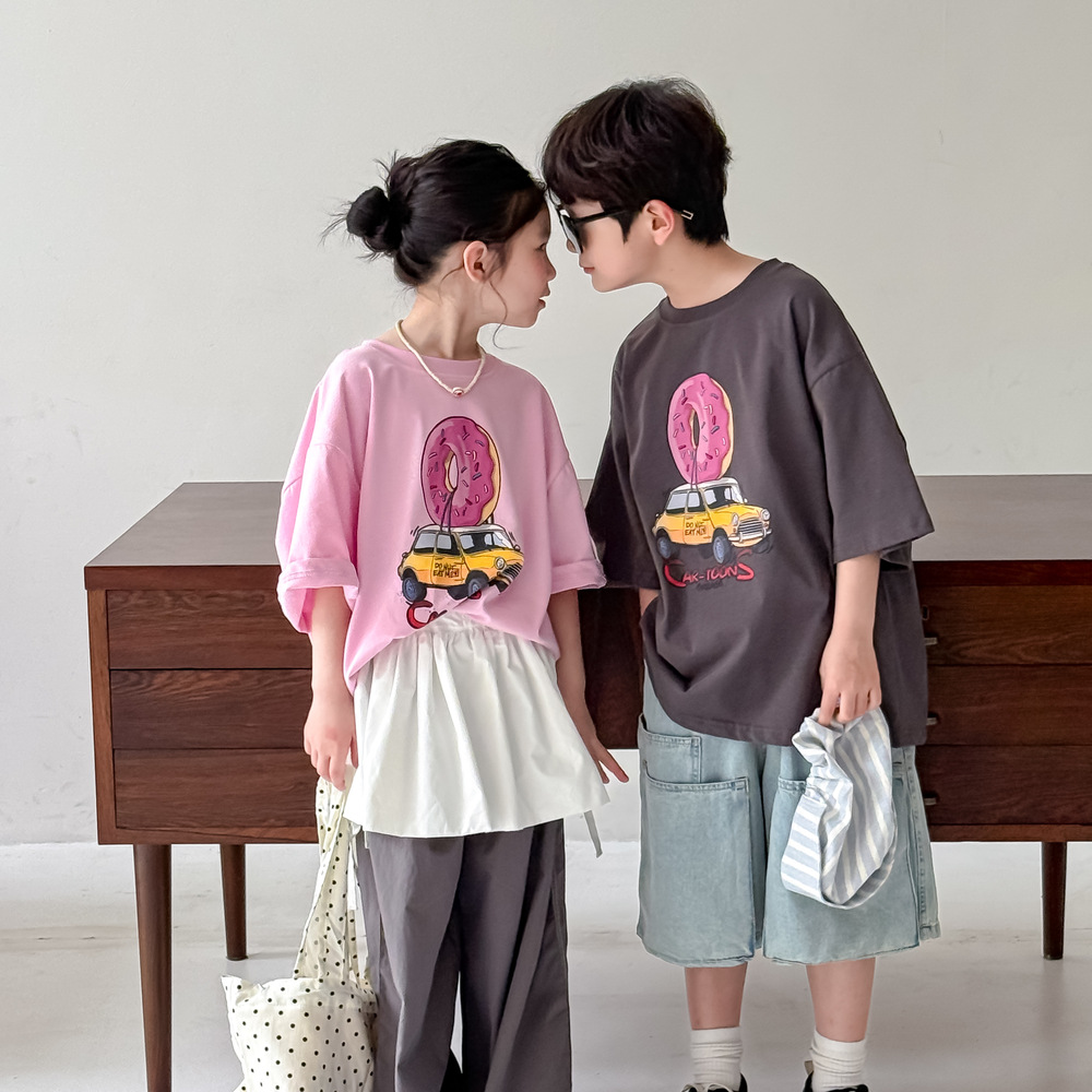 Children's T-shirt 2025 Summer Korean-style Cartoon Car Printed Short-sleeved Children's Round Neck Casual Loose Top for Boys and Girls