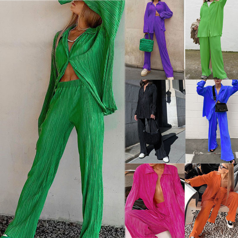 2025 Spring and Autumn Hot Selling European and American Women's Solid Color Drape Loose Smooth Pleated Casual Two-Piece Set in stock