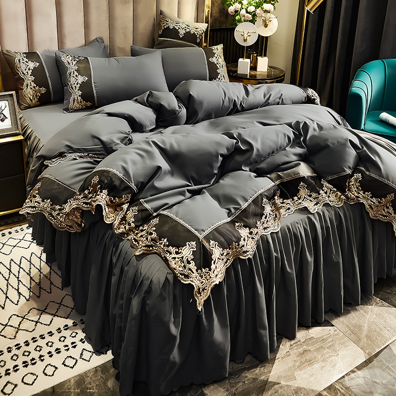 European-style Embroidered Lace Four-piece Bed Skirt Skin-friendly Washable Cotton Princess Style Bedspread Silky Sleeping Nude Bedding