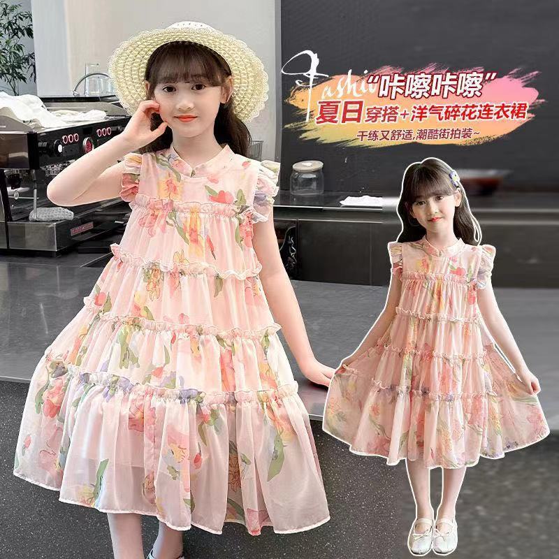 2024 New Girls' dress Summer Dress Western Style Children's Dress Floral Princess Dress Girls' Summer Cake Dress