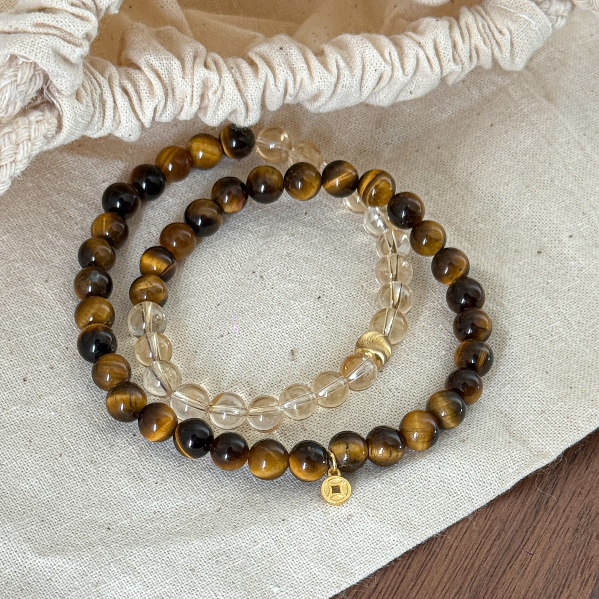 Natural Tiger Eye Stone Citrine Coin Bracelet Niche High-End Fortune Transfer Double-Layer Beaded Sterling Silver Bracelet for Women