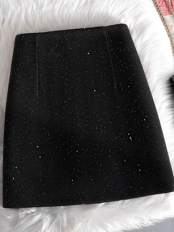 Grey Woolen Skirt Women's Autumn and Winter 2024 New Shiny High Sense Heavy Industry Hot Diamond Sequin Skirt