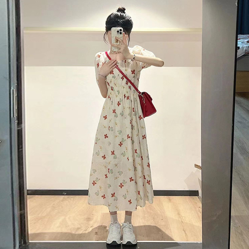 2023 new small puff sleeve chic beautiful tight waist dress floral dress summer for women