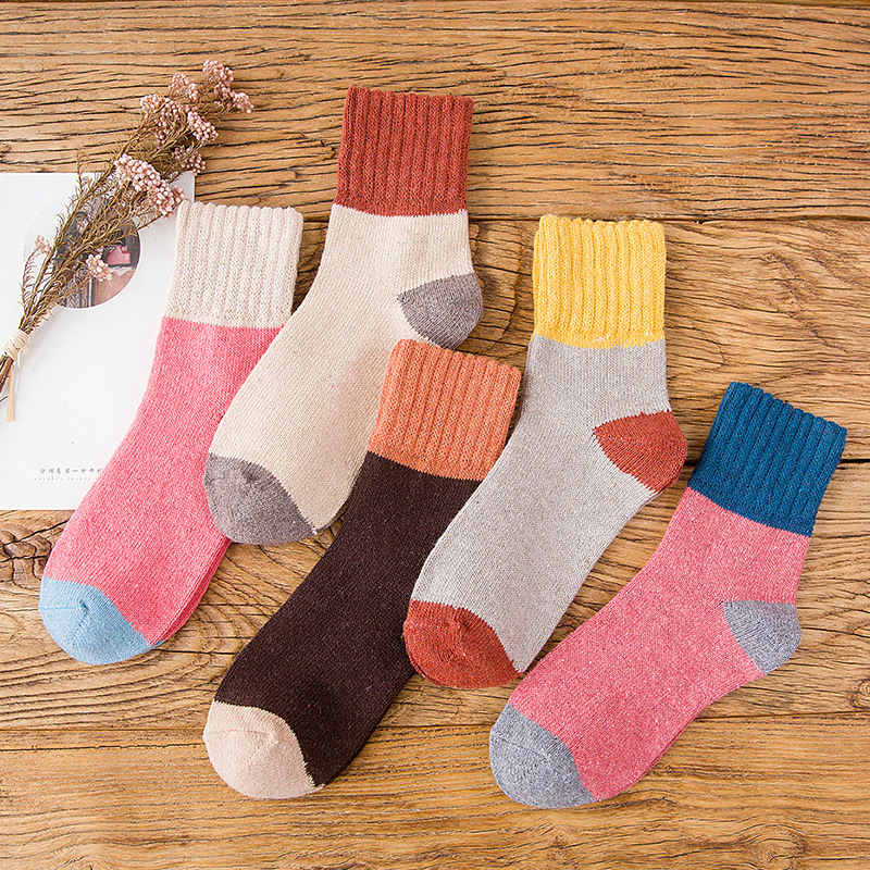 Hot-Selling Autumn and Winter Women's Wool Socks Double-Layer Screw-Top Warm Mid-Calf Socks Color-Blocked Wool Socks