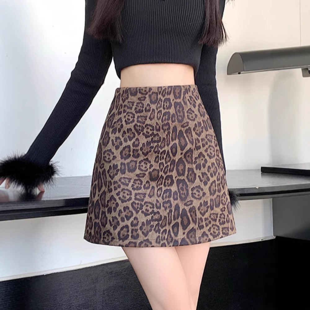 Imitation Deerskin Fleece Skirt Women's 202 Autumn and Winter New Hot Girl High Waist Slimming A- line Anti-glare Leopard Hip Skirt