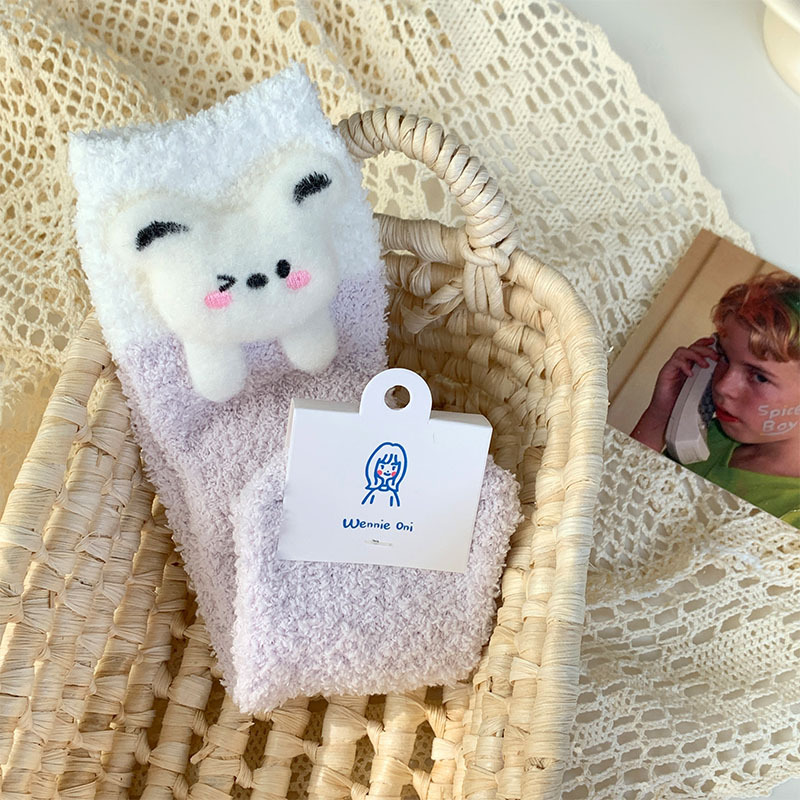 Picture of Cute Coral Fleece Socks Women's Three-dimensional Cartoon Doll Winter fleece-lined Thickened Warm Postpartum Home Sleep Socks