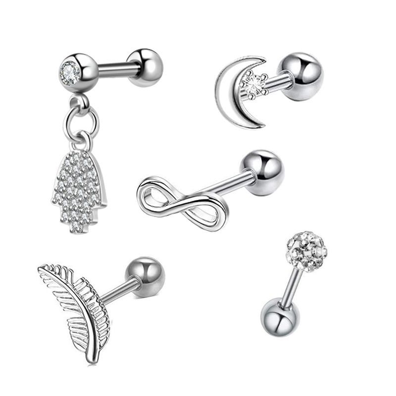 Picture of 5-Piece Set of Amazon Geometric Stainless Steel Zircon Earrings Cross-Border European and American Piercing Jewelry Silver Twisted Tooth Earrings
