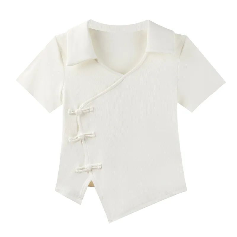 Picture of Summer Unique Chic Short Design Retro Chinese Button Top Women's Trendy Short-sleeved T-shirt Women's All-match Slimming