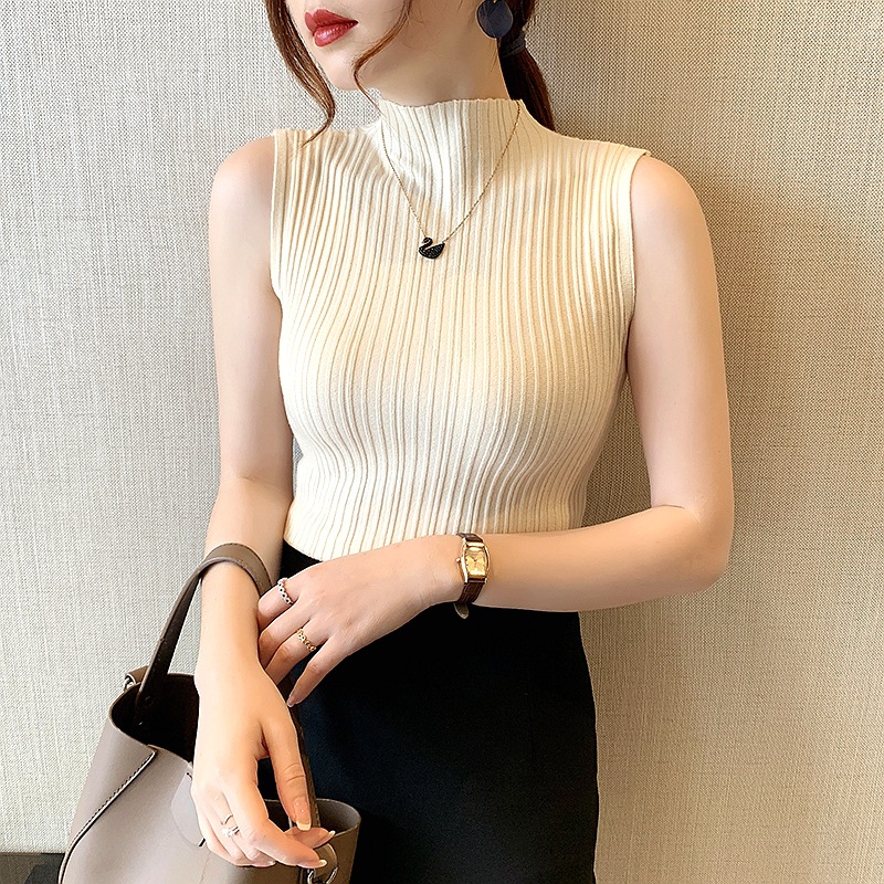 Half-high Collar Knitted Vest 2023 Spring and Summer Outer Wear Sleeveless Short Slim-fit Elegant Inner Base Shirt Top for Women