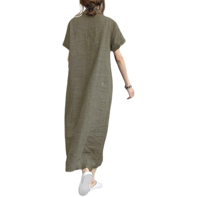 2023 New Summer Korean Style Pure Color Cotton and Linen Lapel Short-Sleeved Loose Flap Pocket Pants Women's Dress Loose and Slim