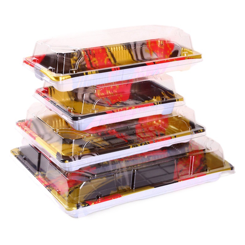 Golden Sushi Box Disposable Takeaway Packing Box Plastic Anti-fog PET Salmon Sashimi High-end Packaging Box