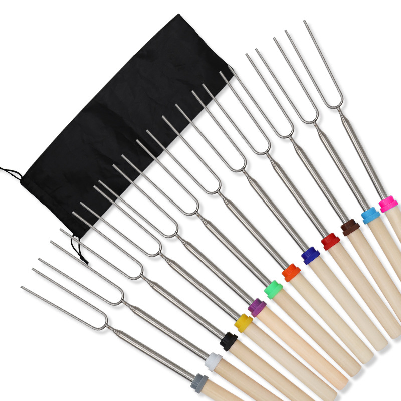 Picture of Yibo Bbq Outdoor Bbq Stainless Steel Telescopic Barbecue Fork U-Shaped Wooden Handle Barbecue Stick Barbecue Fork Barbecue Skewer