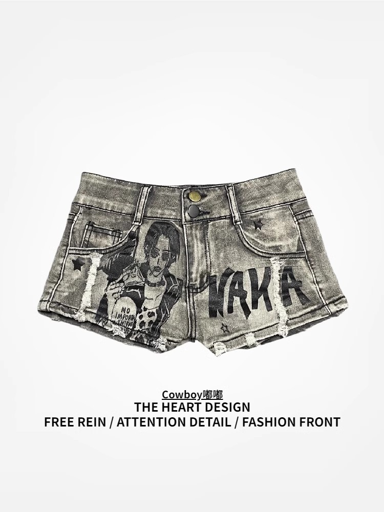 American Style Retro Hot Girl Low Waist Denim Shorts Women's Summer New Slimming Design Sense Printed High Street Casual Pants