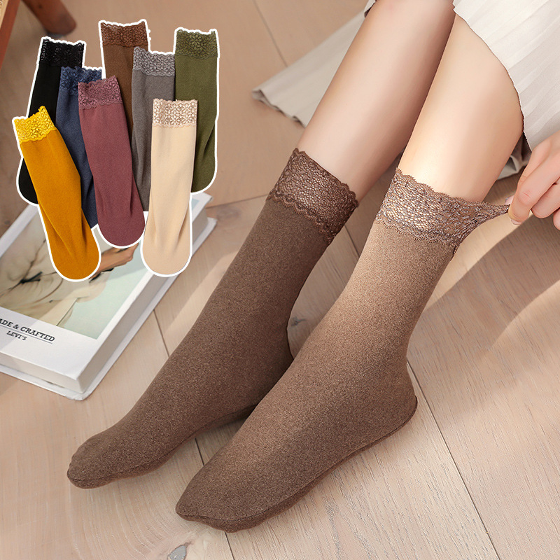 German velvet socks children's floor socks lace mid-tube non-slip warm velvet winter-resistant thick cotton socks