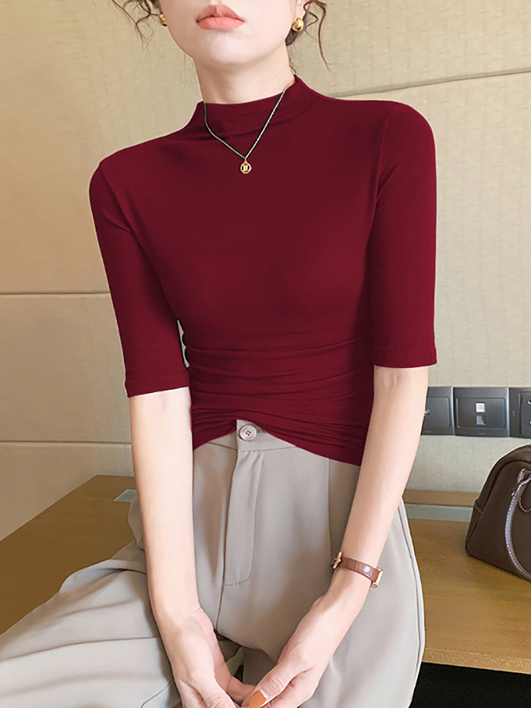 Autumn 2025 New Arrival Light Mature Style Half-High Collar Mid-Sleeve Knitted Sweater Women's Slim-Fit Thin Western Style Base Shirt Top