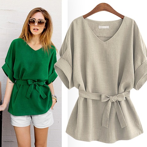 2022 European and American women's V-neck linen short-sleeved shirt bat sleeve large size loose waist cotton linen top