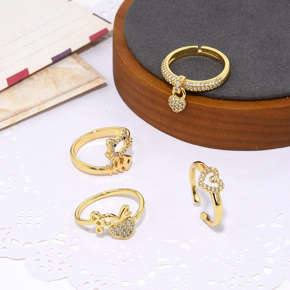 Picture of 4 Copper Set Zircon Activity Loving Heart Open Female Ring Pet Cat Fish Bone Loose Mouth Finger Ring Gold Color Preservation Jewelry