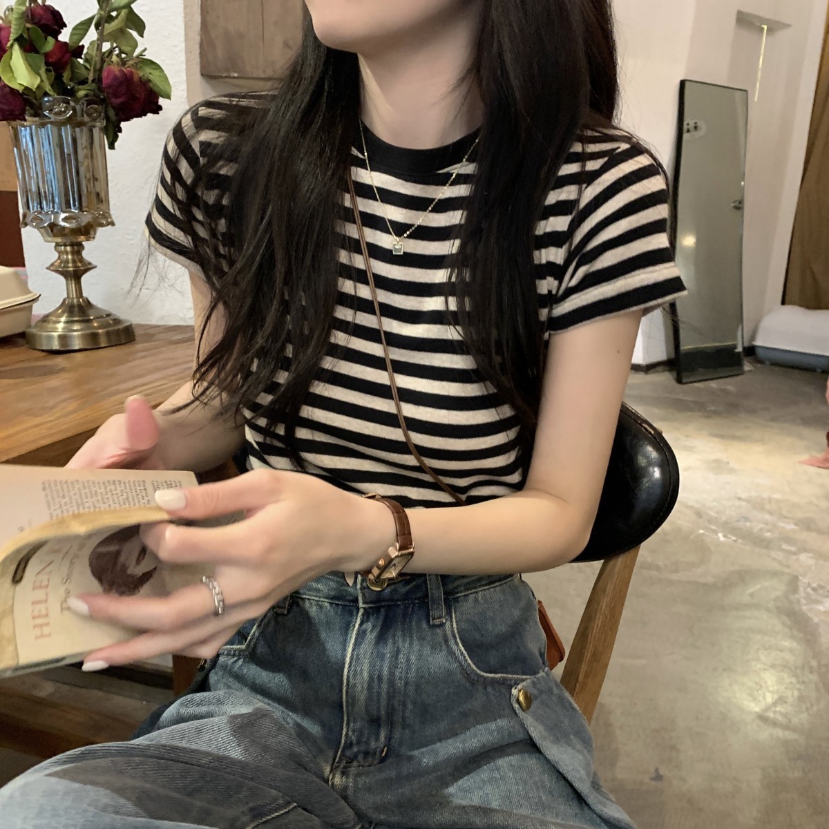 Korean Style Shoulder Striped Short-sleeved T-shirt Women's Summer Tight-fit Base Inner Design Niche T-shirt Slimming Top